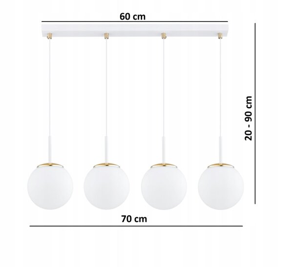 Pendelleuchte 4-flammig Glas Weiß Gold E27 L:60 cm