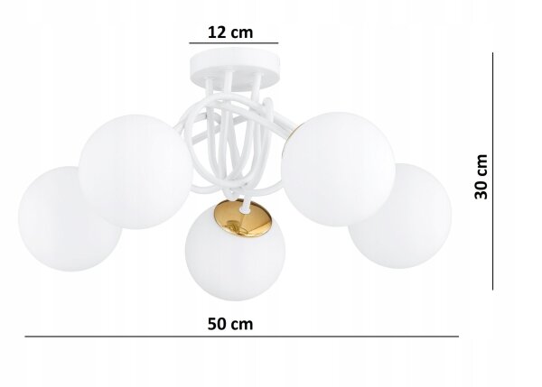 Deckenleuchte 5-flammig Glas Weiß Gold E27 L:50 cm Leuchte