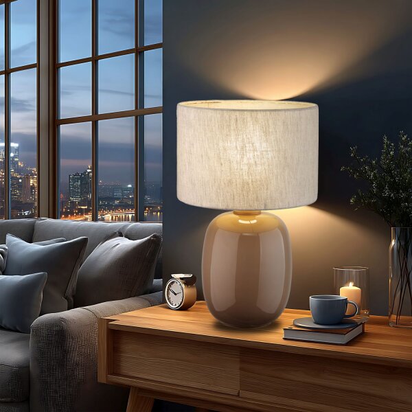 Tischlampe Stoff Glas Grau Sandfarben E27 H:48 cm rund