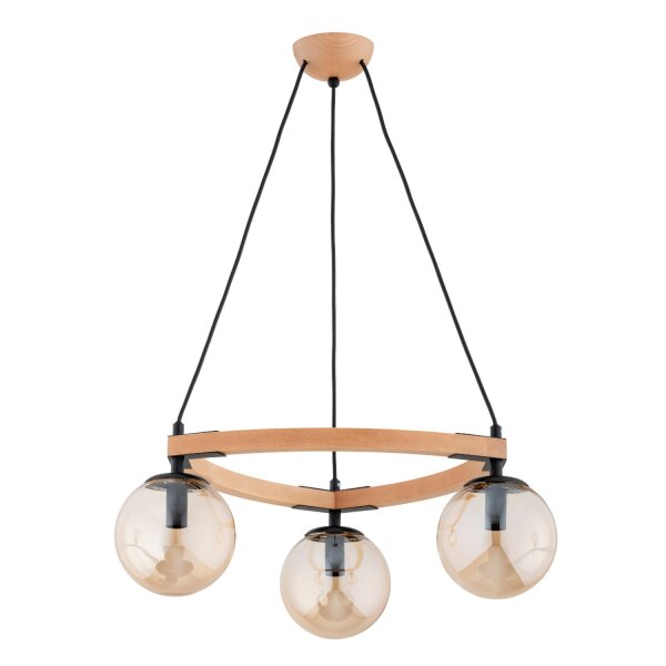 Pendelleuchte 3-flammig Holz Glas Natur E14 B:52 cm