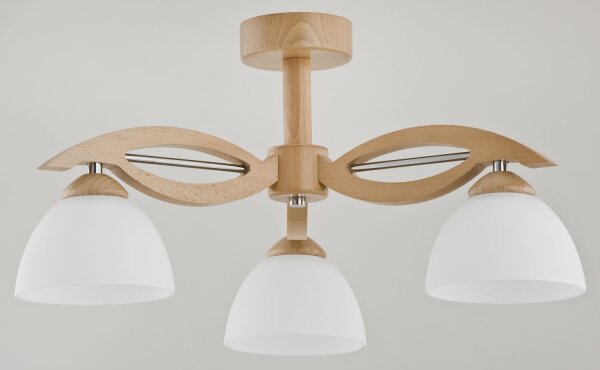 Deckenleuchte 3-flammig Glas Holz Natur E27 B:53 cm