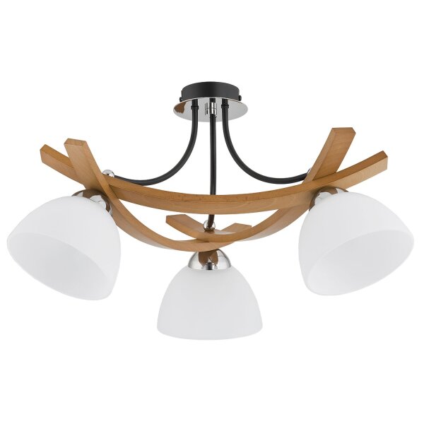 Deckenlampe 3-flammig Holz Glas Weiß Natur E27 44 cm