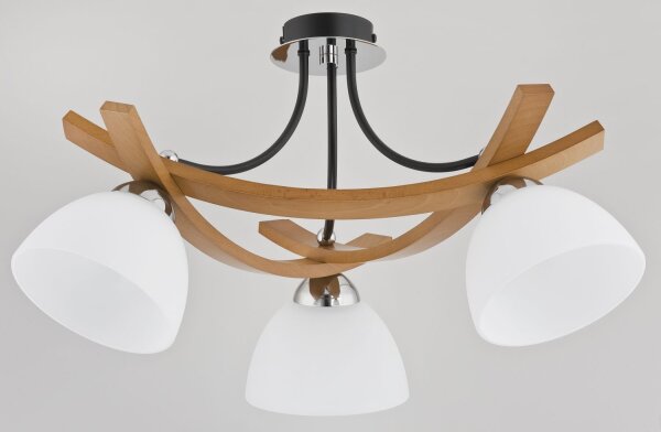 Deckenlampe 3-flammig Holz Glas Weiß Natur E27 44 cm