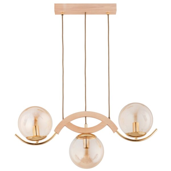 Hängelampe Holz 3-flammig Glas Bernstein E14 L:60 cm