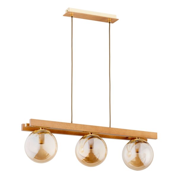 Hängelampe Holz 3-flammig Glas Bernstein E14 L:66 cm