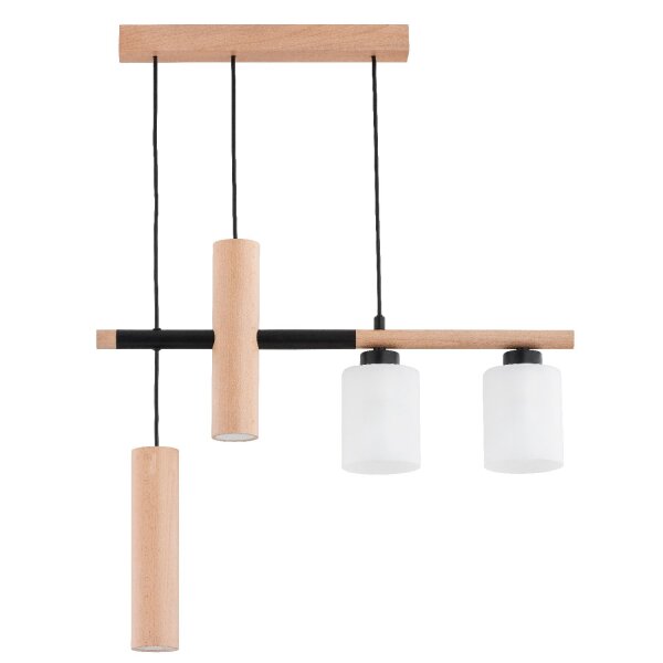 Pendelleuchte 4-flammig Glas Holz Natur E27 L:60 cm
