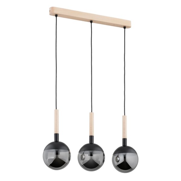 Pendelleuchte 3-flammig Holz Glas Schwarz E14 L:61 cm