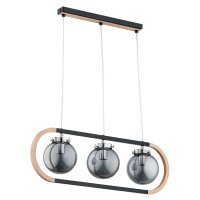 H&auml;ngelampe Holz 3-flammig Rauchglas E14 68 cm dekorativ
