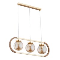 H&auml;ngelampe 3-flammig Glas Holz Bernstein E14 L:68 cm