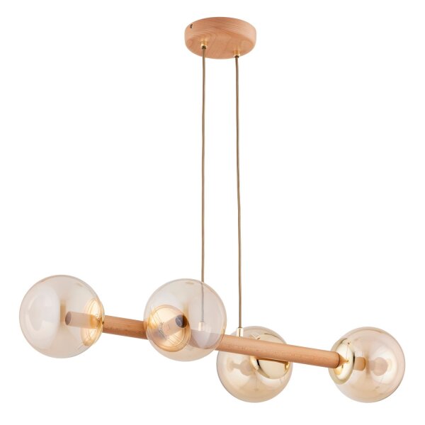 Hängelampe Holz 4-flammig Glas Bernstein E14 L:82 cm