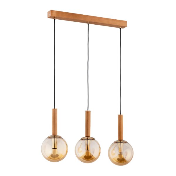 Hängelampe Holz Glas Bernstein 3-flammig E14 L:70 cm