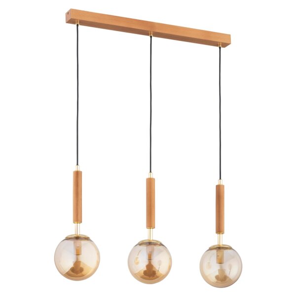 Pendelleuchte 3-flammig Holz Glas Bernstein E14 L:70 cm