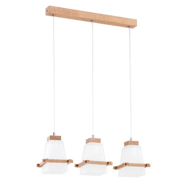 Pendelleuchte 3-flammig Glas Holz Natur E27 L:60 cm