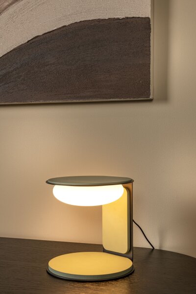 LED Tischleuchte dimmbar Holz Glas Grün 3000K Ø20 cm