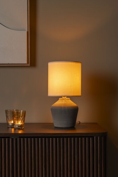 Tischlampe Keramik Stoff Taupe Weiß E14 Landhaus