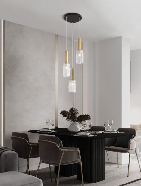 Pendelleuchte E27 30 cm breit in Schwarz Gold Klarglas