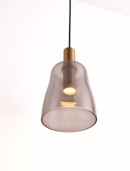 LED Hängelampe Retro in Gold Grau 14,5 cm breit Rauchglas
