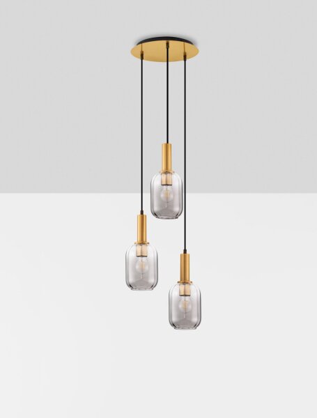 Hängelampe Retro in Gold Grau 36 cm breit E27 Rauchglas