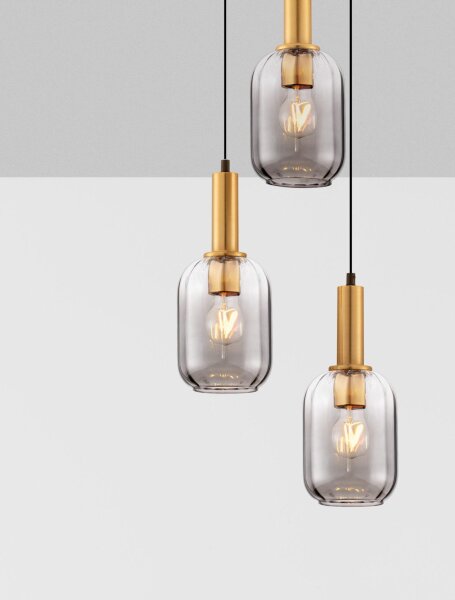 Hängelampe Retro in Gold Grau 36 cm breit E27 Rauchglas