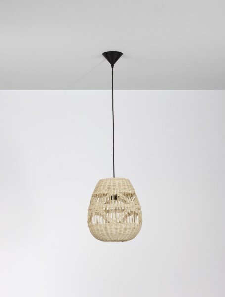 Pendelleuchte rund E27 Ø 30 cm Schwarz Beige Rattan Metall