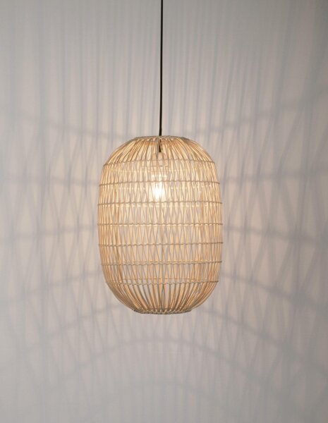 Runde Pendelleuchte E27 Ø 30 cm Schwarz Beige Rattan Metall