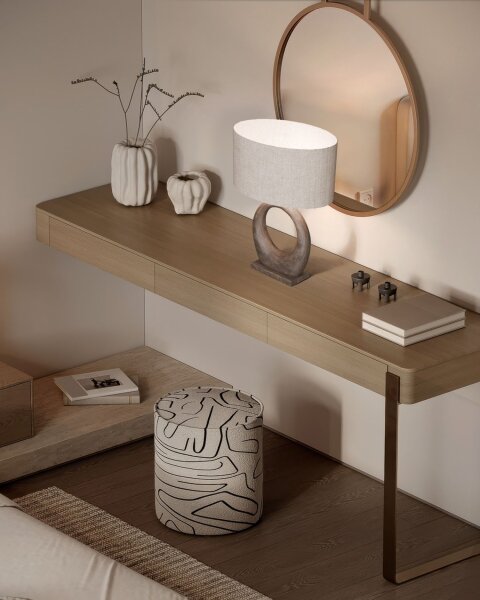 Tischleuchte Holz Stoff Natur Beige E27 H:48 cm