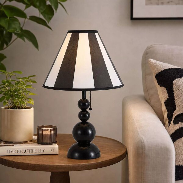 Tischlampe Zugschalter Stoff Schwarz Weiß E27 H:53 cm