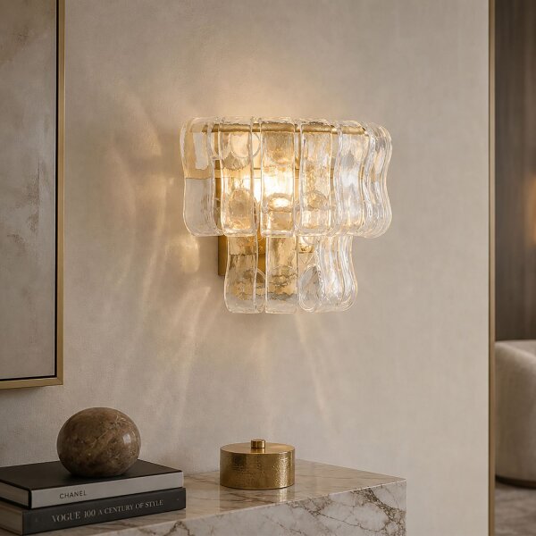 Wandleuchte Glas Metall Gold E14 H:20 cm 2-flammig klar