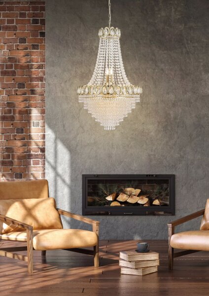 Hängelampe Glas Metall Kristall Messing E14 Ø54 cm klar