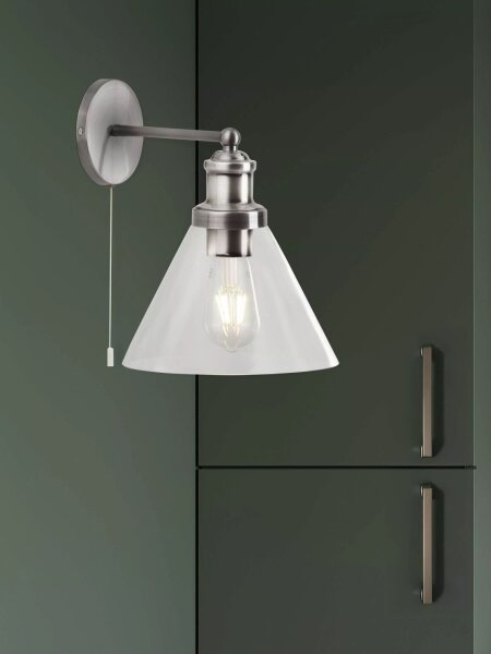 Wandleuchte Zugschalter Glas Metall Silber E27 B:19 cm