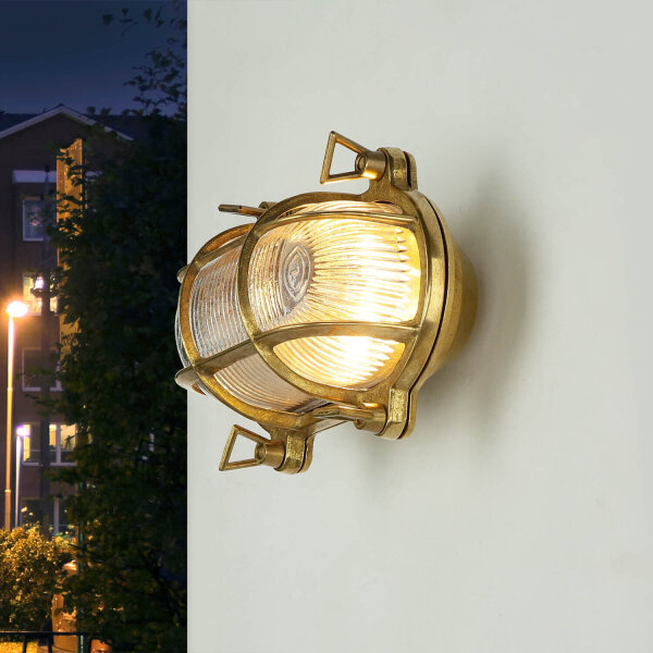 Wandleuchte Messing Riffelglas IP64 oval Maritim