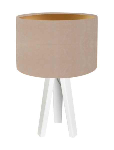 Tischlampe Schirm Holz Beige Gold Dreibein Retro 46cm
